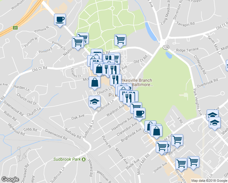 map of restaurants, bars, coffee shops, grocery stores, and more near 1212 Reisterstown Road in Pikesville