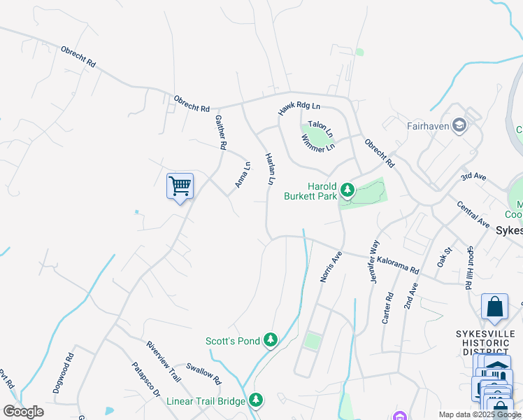 map of restaurants, bars, coffee shops, grocery stores, and more near 7152 Harlan Lane in Sykesville
