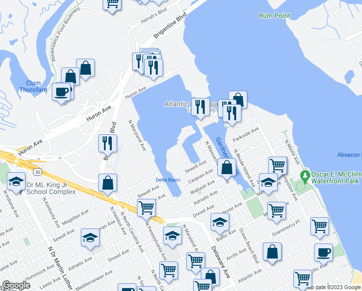 map of restaurants, bars, coffee shops, grocery stores, and more near 625 North New Jersey Avenue in Atlantic City