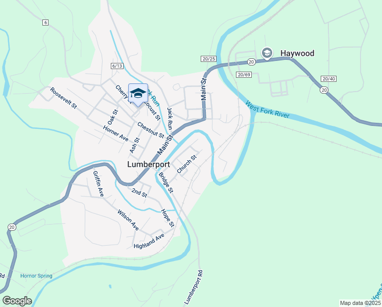 map of restaurants, bars, coffee shops, grocery stores, and more near 169 Church Street in Lumberport