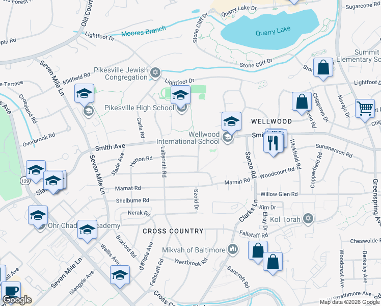 map of restaurants, bars, coffee shops, grocery stores, and more near 3111 Hatton Road in Pikesville