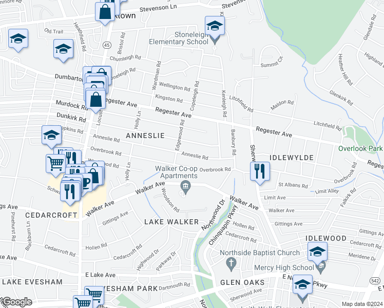 map of restaurants, bars, coffee shops, grocery stores, and more near 714 Anneslie Road in Baltimore