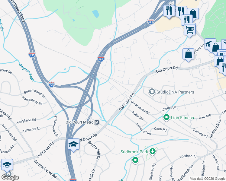 map of restaurants, bars, coffee shops, grocery stores, and more near 3 Deauville Court in Pikesville