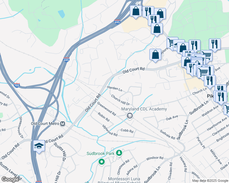 map of restaurants, bars, coffee shops, grocery stores, and more near 1330 Harden Lane in Pikesville