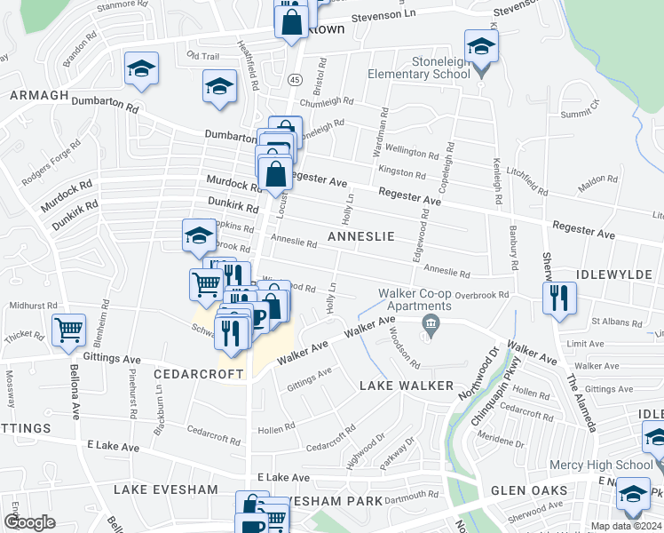 map of restaurants, bars, coffee shops, grocery stores, and more near 532 Overbrook Road in Baltimore
