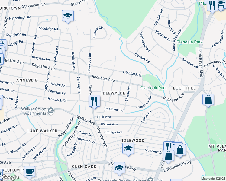 map of restaurants, bars, coffee shops, grocery stores, and more near 6505 Beechwood Road in Baltimore