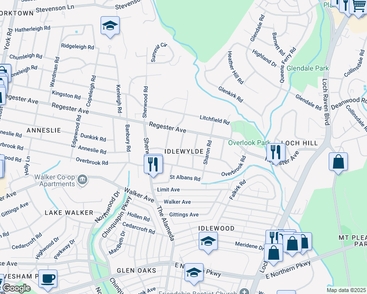 map of restaurants, bars, coffee shops, grocery stores, and more near 6505 Beechwood Road in Baltimore