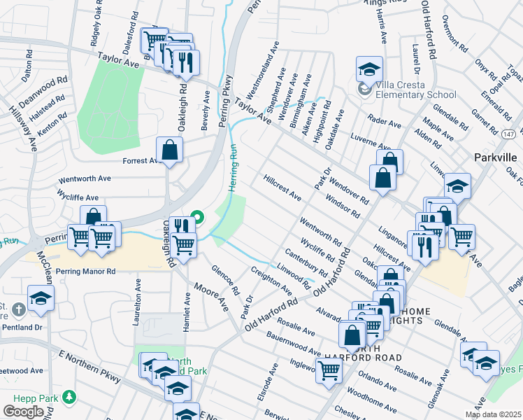 map of restaurants, bars, coffee shops, grocery stores, and more near 2512 Wycliffe Road in Parkville