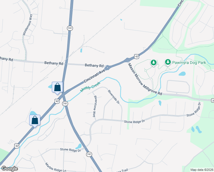 map of restaurants, bars, coffee shops, grocery stores, and more near 3634 Riverside Drive in Mason