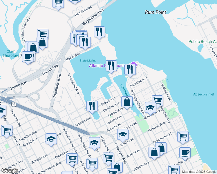 map of restaurants, bars, coffee shops, grocery stores, and more near 515 Barrett Avenue in Atlantic City