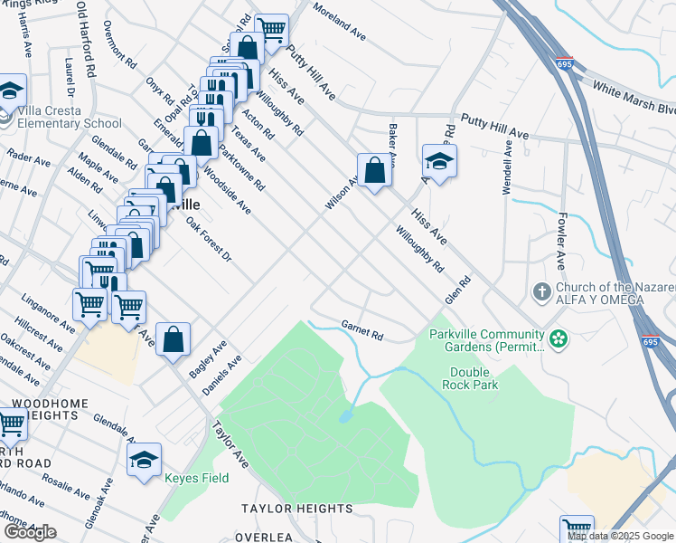 map of restaurants, bars, coffee shops, grocery stores, and more near 3129 Parktowne Road in Parkville