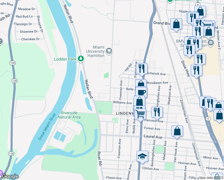 map of restaurants, bars, coffee shops, grocery stores, and more near 215 Belle Avenue in Hamilton