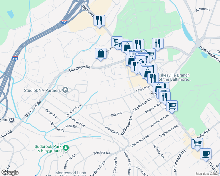 map of restaurants, bars, coffee shops, grocery stores, and more near 1347 Greenbriar Circle in Pikesville