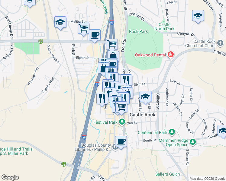 map of restaurants, bars, coffee shops, grocery stores, and more near 517 Wilcox Street in Castle Rock