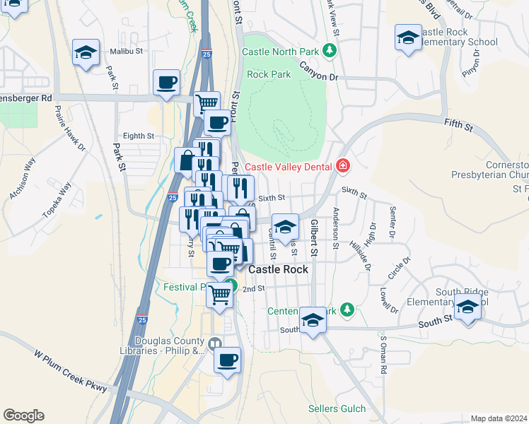 map of restaurants, bars, coffee shops, grocery stores, and more near 516 Front Street in Castle Rock