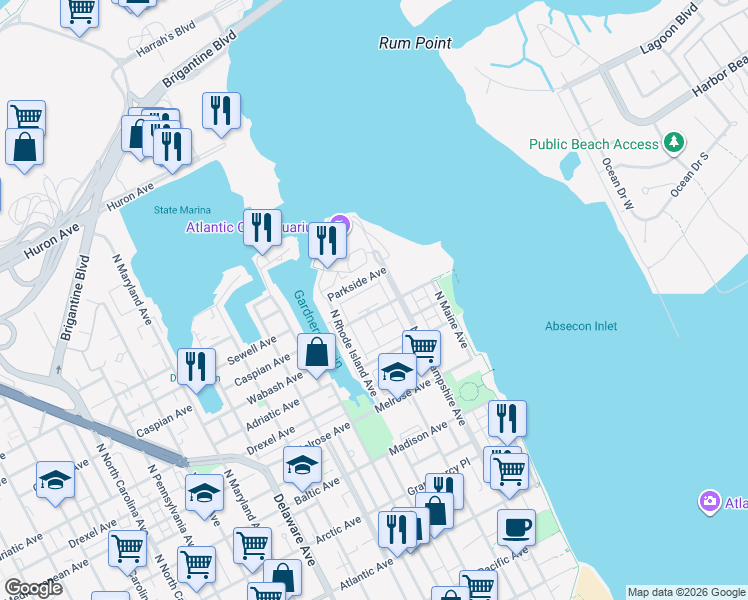 map of restaurants, bars, coffee shops, grocery stores, and more near 1 Lighthouse Court in Atlantic City