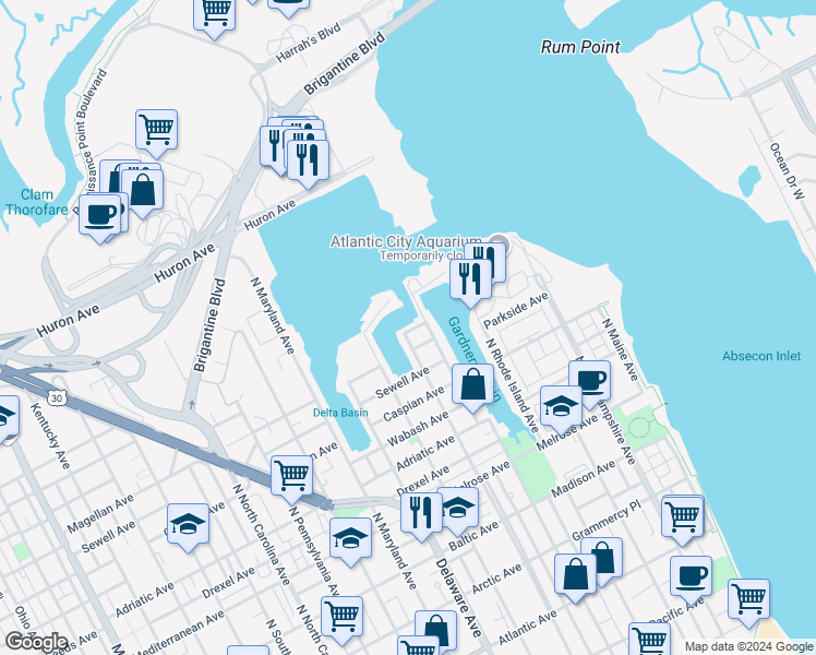 map of restaurants, bars, coffee shops, grocery stores, and more near 515 Barrett Avenue in Atlantic City