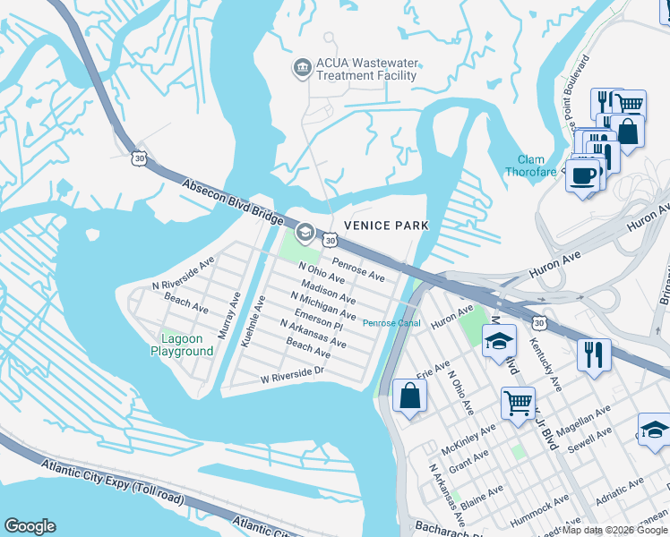 map of restaurants, bars, coffee shops, grocery stores, and more near 1532 Penrose Avenue in Atlantic City