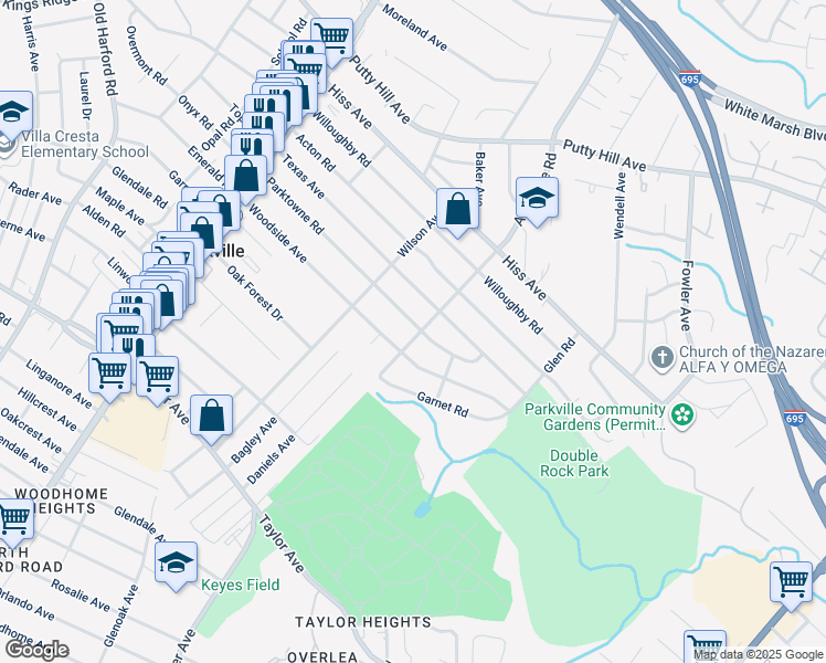 map of restaurants, bars, coffee shops, grocery stores, and more near 3129 Parktowne Road in Parkville