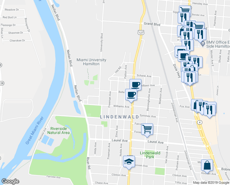 map of restaurants, bars, coffee shops, grocery stores, and more near 349 Belle Avenue in Hamilton