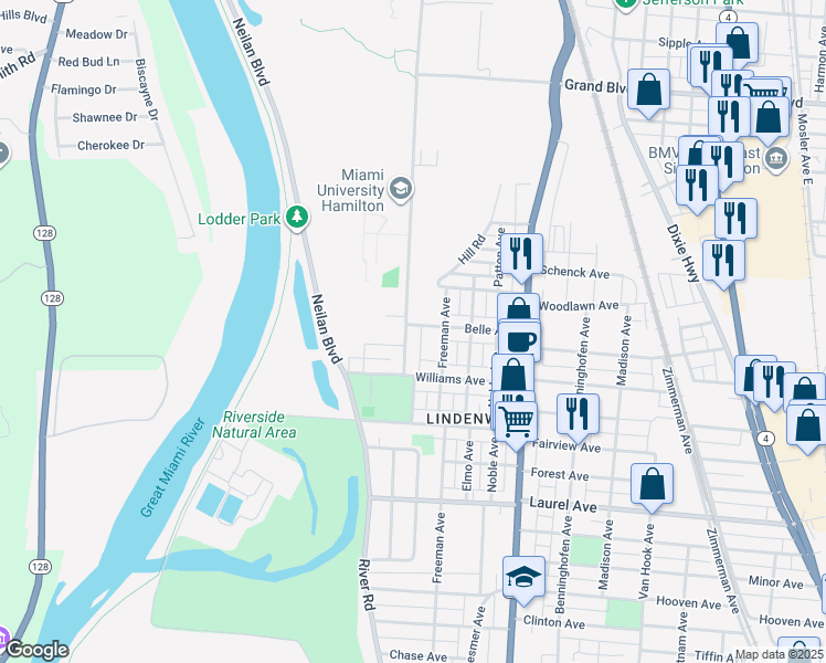 map of restaurants, bars, coffee shops, grocery stores, and more near 215 Belle Avenue in Hamilton