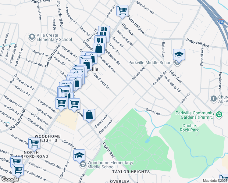 map of restaurants, bars, coffee shops, grocery stores, and more near 3052 Oak Forest Drive in Parkville