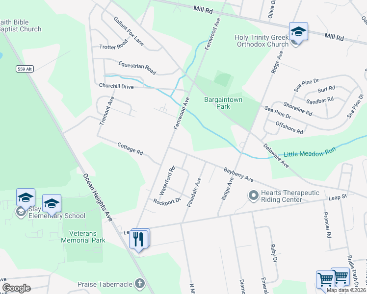 map of restaurants, bars, coffee shops, grocery stores, and more near 108 Bayberry Avenue in Egg Harbor Township