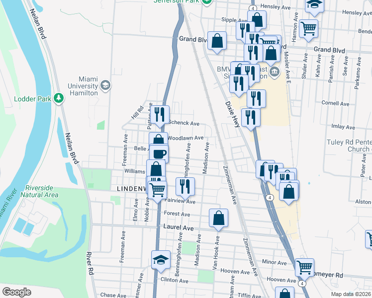 map of restaurants, bars, coffee shops, grocery stores, and more near 2141 Benninghofen Avenue in Hamilton