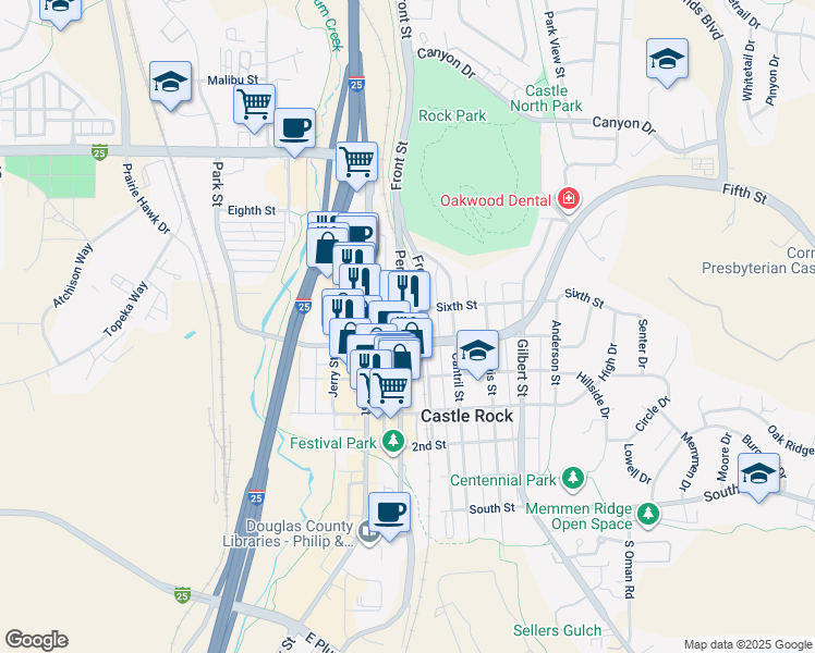 map of restaurants, bars, coffee shops, grocery stores, and more near 514 Perry Street in Castle Rock