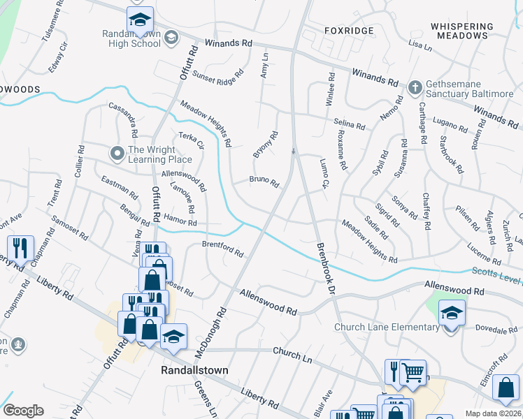 map of restaurants, bars, coffee shops, grocery stores, and more near 9002 Meadow Heights Road in Randallstown