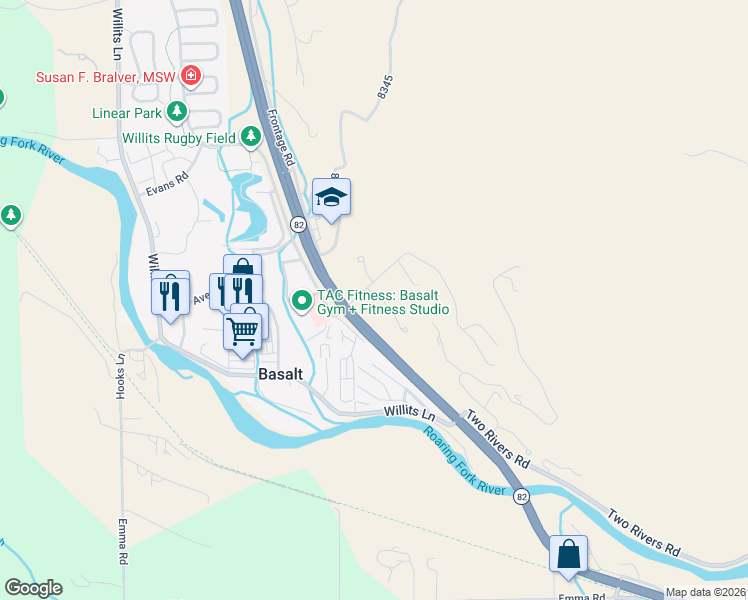 map of restaurants, bars, coffee shops, grocery stores, and more near 24 Pine Ridge Road in Basalt