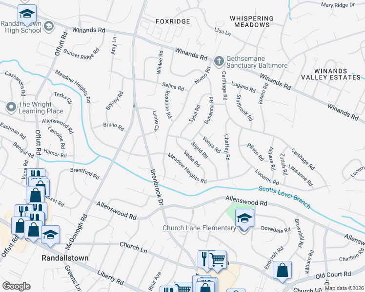 map of restaurants, bars, coffee shops, grocery stores, and more near 3933 Sadie Road in Randallstown