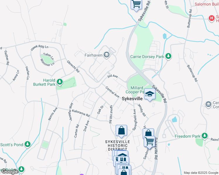 map of restaurants, bars, coffee shops, grocery stores, and more near 720 Central Avenue in Sykesville