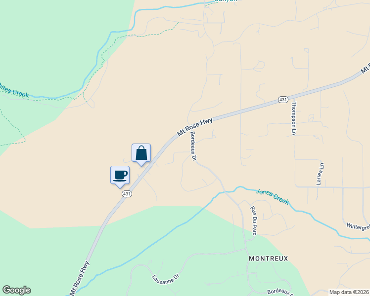 map of restaurants, bars, coffee shops, grocery stores, and more near 16355 Bordeaux Drive in Reno