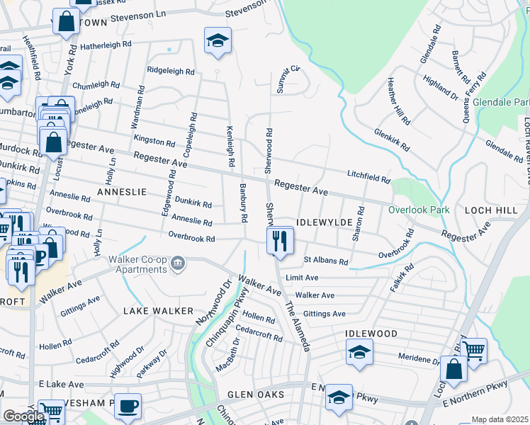 map of restaurants, bars, coffee shops, grocery stores, and more near 6416 Sherwood Road in Baltimore