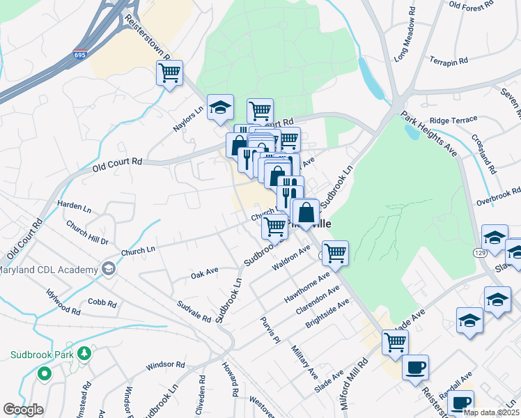 map of restaurants, bars, coffee shops, grocery stores, and more near 8 Church Lane in Pikesville