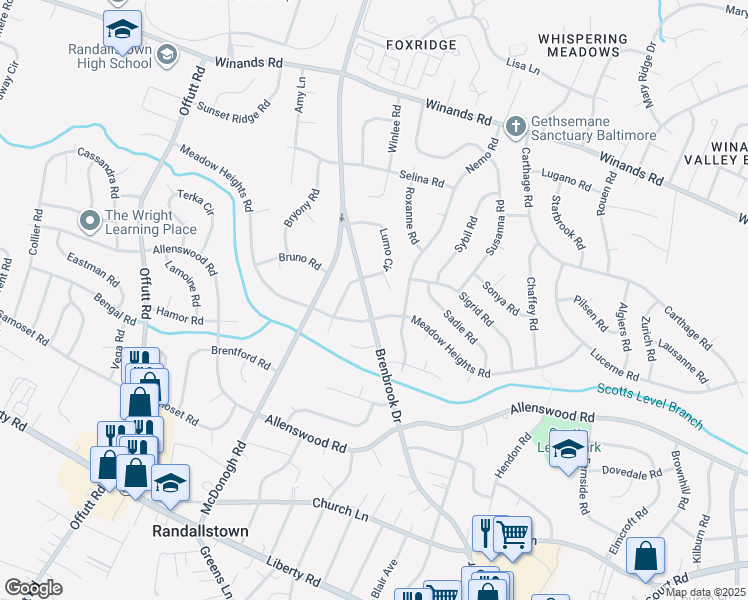 map of restaurants, bars, coffee shops, grocery stores, and more near 3905 Brenbrook Drive in Randallstown