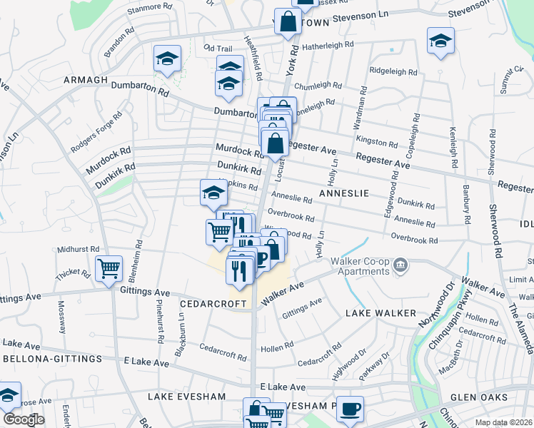 map of restaurants, bars, coffee shops, grocery stores, and more near 6475 York Road in Baltimore