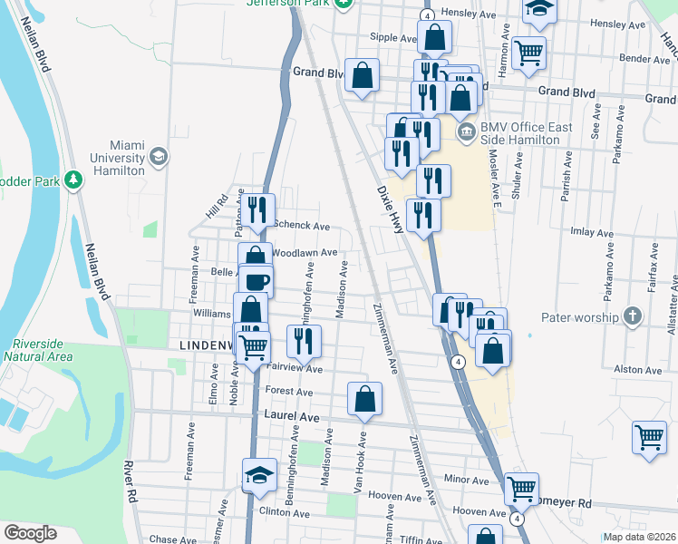 map of restaurants, bars, coffee shops, grocery stores, and more near 2141 Madison Avenue in Hamilton