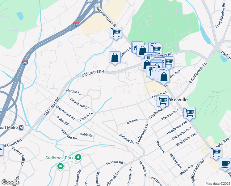 map of restaurants, bars, coffee shops, grocery stores, and more near 39 Greenwich Place in Pikesville