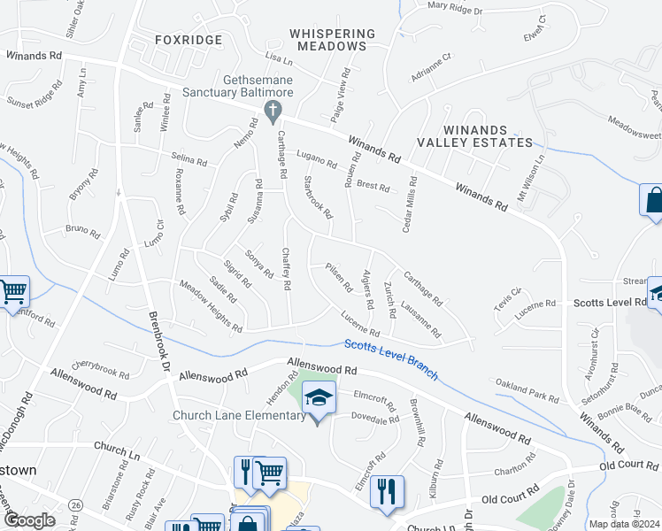 map of restaurants, bars, coffee shops, grocery stores, and more near 2 Ivybrook Court in Randallstown