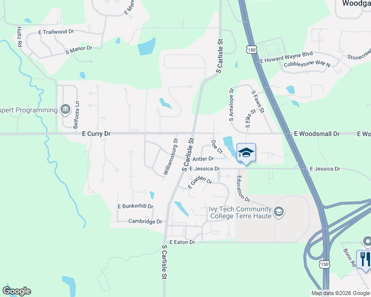 map of restaurants, bars, coffee shops, grocery stores, and more near 7545 South Carlisle Street in Terre Haute