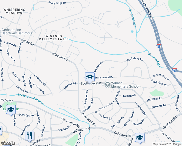 map of restaurants, bars, coffee shops, grocery stores, and more near 4850 Hawksbury Road in Pikesville