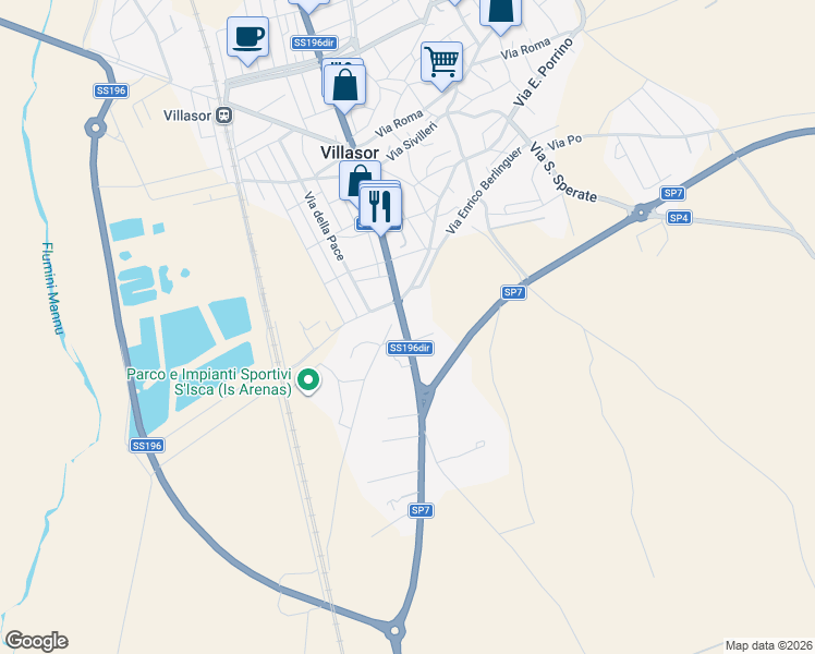 map of restaurants, bars, coffee shops, grocery stores, and more near 103 Via Cagliari in Villasor