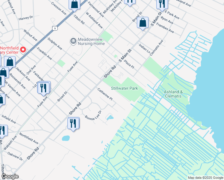 map of restaurants, bars, coffee shops, grocery stores, and more near 1201 Dolphin Avenue in Northfield
