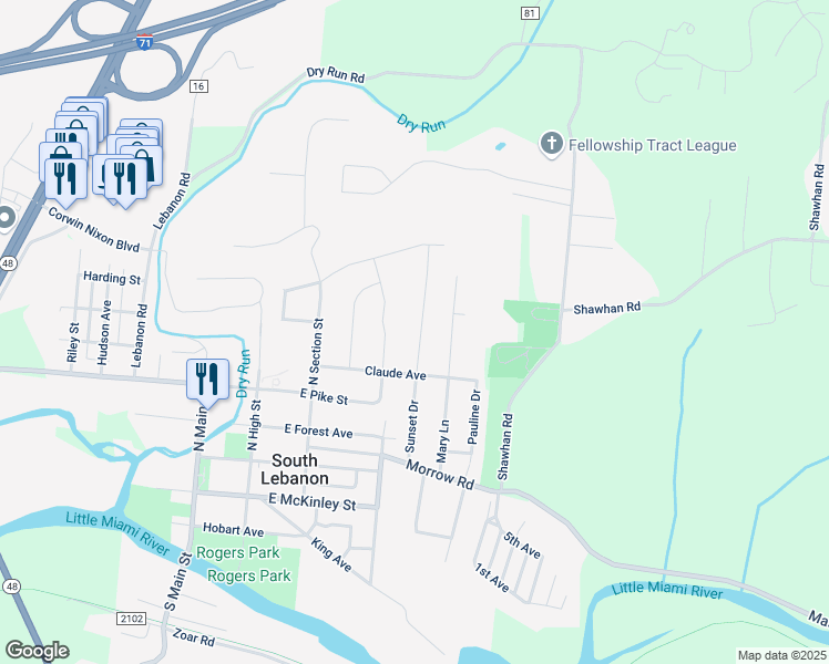 map of restaurants, bars, coffee shops, grocery stores, and more near 453 Sunset Drive in South Lebanon