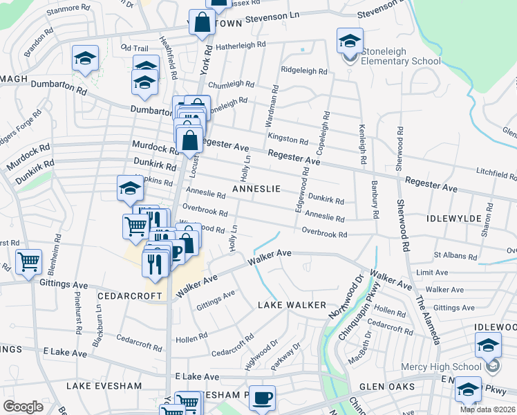 map of restaurants, bars, coffee shops, grocery stores, and more near 613 Anneslie Road in Baltimore