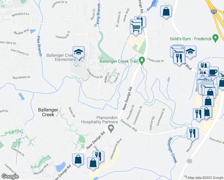 map of restaurants, bars, coffee shops, grocery stores, and more near 5305 Duke Court in Frederick