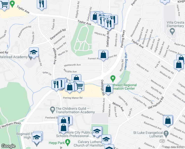 map of restaurants, bars, coffee shops, grocery stores, and more near 1739 Wycliffe Road in Parkville