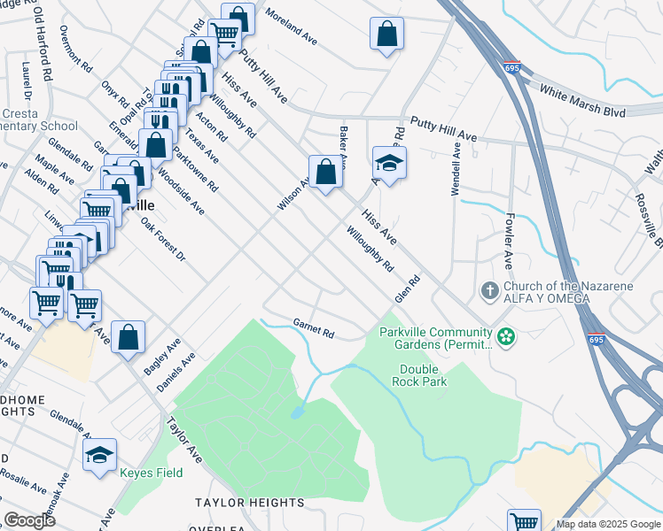 map of restaurants, bars, coffee shops, grocery stores, and more near 3310 Texas Avenue in Parkville